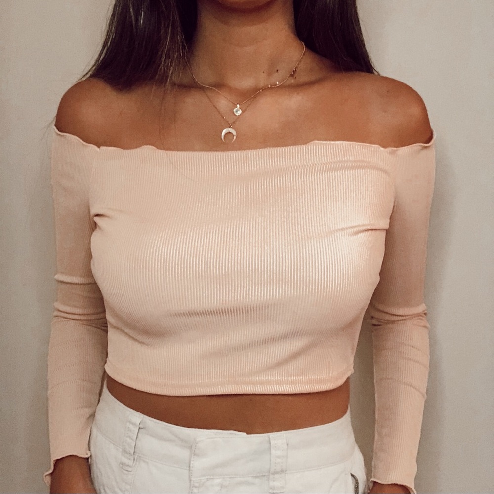 pink off shoulder knit top